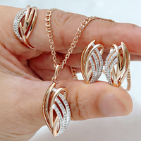 Kinel Unique Shiny Natural Zircon Ring Earrings Necklace for Women Fashion 585 Rose Gold Silver Color Mix Daily Fine Jewelry Set