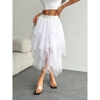 Ladies' high waisted elastic waist layered chiffon midi skirt with irregular asymmetric hem party casual mesh fairy ballet skirt