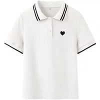 Polo Neck Shirt for Women Button 100℅ Cotton White Embroidery Baggy Woman T Pulovers High Quality Korean Popular Clothes Youth