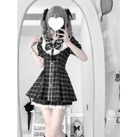 Japanese Gothic Y2k Lolita Rhinestone Bow Dress Shorts Set Women Kawaii Cute Short Sleeve Shirt Dresses Sweet Slim Plaid Dress