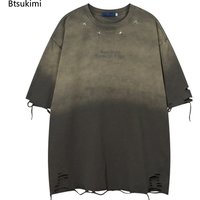 Men's Vintage Oversized T-shirt Spliced Summer High Street Washed Distressed Crew Neck Long Sleeve Loose Hole Cotton Tee Tops