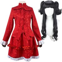 Costume de carnaval d'Halloween pour femmes, robe de demoiselle d'honneur rouge Kate de Shadows House ou perruque noire