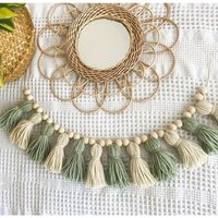 Ins Bohemian Green and White Wooden Bead Tassel Garland Sage Series Wooden Bead Tassel Banner Fireplace Decoration Home Wall Hanging Decoration Sage