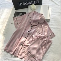 Women Pajamas 2PCS/Set Sexy Nightwear Ice Silk Short Sleeves Student Sleepwear L Code Striped Cardigan Lapel Ladies Home Wear