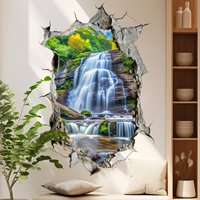 Rock Waterfall Wall Hole Art Green Mountain Clear Water Vinyl Mural Stickers Self Adhesive for Home Decoration Aesthetic Rooms