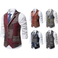 Gilet de costume slim en tweed vert à carreaux, motif chevrons, col vintage, pour mariage, garçons d'honneur, affaires