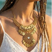 Boho Gypsy Tribe Ethnic Viantage Alloy Hollow-carved Coin Tassel Necklace For Women Holiday Neck Decoration Jewelry