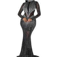 Dress Women Sexy Dresses Hot Drilling Slim Fit Hip Wrap Sheath Floor Length Vestidos Round Neck Full Sleeve Party Gown