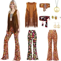60s 70s Disco Hippie Outfits for Women Vintage Halloween Costume Accessories Set Boho Flared Pants Fringe Vest Peace Sign