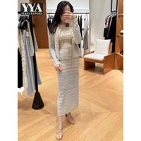 Elegant Women Autumn Knitted Set Gradient Mixed Colors Sweater Cardigan Slim Fit Long Tank Dress Matching Set Knitwear Outfits