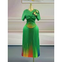 ANLAN Miyake Europe United States New Large Size Suit Women's Fashion Embroidery Pleated Blouse Loose Half Skirt Two-piece Set
