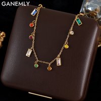 GANEMLY 316L Stainless Steel Colorful Crystal Pendant Necklace For Women New Neck Chain Collar Waterproof Jewelry Femme Gift