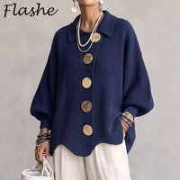 Manteau pull en tricot décontracté pour femme, automne-hiver, col à revers, gros boutons, manches lanternes, ourlet uni, cardigan, vêtement d'extérieur de ville pour tous les jours