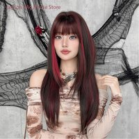 Black Brown with Red Synthetic Wig with Bangs Long Straight Hair Lolita Wig for Women Daily Cosplay Halloween Harajuku Wigs