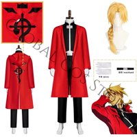 Anime Character Edward Elric Cosplay Costume Red Long Coat with Black Shirt and Pants Set for Halloween Carnival Roleplay