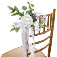 Chair Back Flower Car Flower Decor, White Rose with Greenery & Satin Ribbon, Wedding Ceremony Aisle Chair Decoration