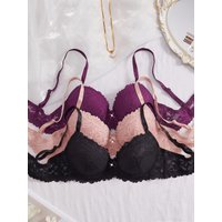 3Pcs Floral Lace Women's Underwear Set Daily Push-Up Bra Rhinestone Breathable Mesh Bra for Women