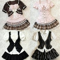 Y2k Sweet Japanese Outfits Women's Clothes Fashion Vintage Lolita Ruffle Tops High Waist Skirt Suits Kawaii Casual 3 Piece Sets