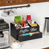 Wooden coffee bag storage box, double-layer coffee bar accessory organizer with drawers, rustic coffee bar countertop decoration
