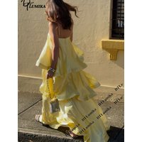DTLumika Maxi Dress Tiered Ruffle Layered Satin Yellow Beach Cover Up Summer Vacation Party Dress Spaghetti Straps Party Gown