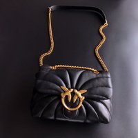 Nowa Kolekcja Pinko, Torba Damska w Stylu Puff Swallow z Prawdziwej Skóry, z Łańcuszkiem, Przez Ramię, Motyw Latających Jaskółek, Podwójna Jaskółka.
