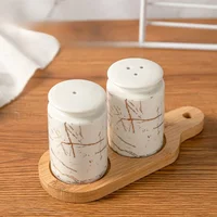 Ceramic Spice Jar Seasoning Bottle Marble Pattern Salt And Pepper Shakers Wood Tray Container Wedding Party Decoration Kitchen