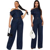 women Jumpsuit One Piece washed denim overalls full length straight jean strapless distressed vintage spliced spring pockets