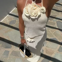2025 New 3D Flowers Knitted Holiday Beach 2 Piece Set Women Sexy Lace Up Camisole Tops + Maxi Skirts Fashoin Cover Ups Suits