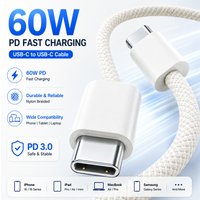 60W USB C to USB C Cable Fast Charging, White Braided PD Charger Cord for iPhone 15 16, iPad, MacBook, Samsung