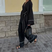 Spring Casual Lace Up Pants Suit Women V-neck Long Sleeved Cardigan Top+high Waist Wide Leg Pants Autumn Female Two Piece Set
