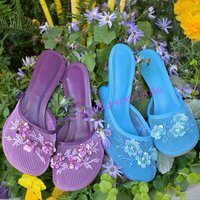 Novelty Mesh Sequin Wedges Slippers Women Chinese Beadwork Floral Decor Strange Heel Sandals Summer New Round Toe High Heels