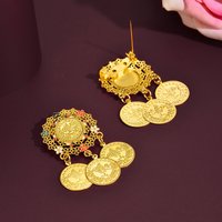 Ethnic Golden Hollow Floral Brooch With Engraved Coin Charms,Colorful Bead Detail For Festival Party Daily Fashion Accessory