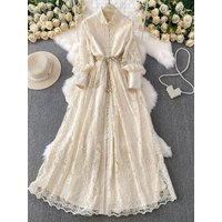 Lace Embroidered Formal Evening Luxury Dress Women Summer Autumn Lantern Sleeve Single-Breasted Pearl Party Long Dresses