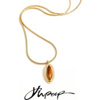 Yhpup Fashion Stainless Steel Natural Tiger Stone Oval Necklace Pendant 18K PVD Plated Charm Chic Attractive Women Jewelry Gift
