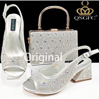 Newest Elegant Noble Silver Color Party Wedding Peep Toe High Heel Lady Shoes and Bag Set Decorated With Colorful Rhinestone