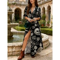 Halloween Dress Long Sleeve A Line Dress with Skull Rose Moon Print Vintage Gothic Party Dress Women Casual Fall Winter Dress