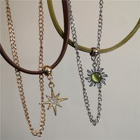 Fashion Sun Star Zircon Necklace For Women Vintage Leather Choker Necklace Double Layered Star Pendant Jewelry Adjustable Chain