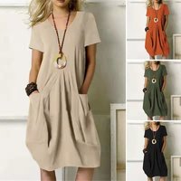 New summer styles in 2026, solid - color, loose - fitting, round - neck short - sleeve cotton - linen dresses