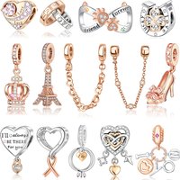 Sparkling Rose Gold Pavé Triple-row Beads Pink Gem Entwined Hearts Charm Fits Brand Bracelet For 925 Sterling Silver Necklace