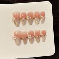 10Pcs Short Oval Head Press On Nails With Pink Gold Powder Pearl Flower Design False Nails For Party Wedding Wearable Fake Nails