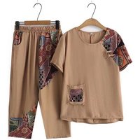 Women's Casual Suit Summer New Fashion Plus Size Clothing Loose Cotton Linen Short SleeveTops Harlan Cropped Pants Two Piece Set