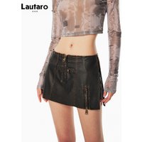 Lautaro Spring Summer Cool Distressed Brown Pu Leather Mini Skirt Women with Shorts Low Waist Short Luxury Designer Clothes
