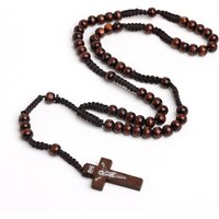 Catholic Wood Beads Necklace For Women Crucifix Cross Pendant Braided Rope Chain Rosary Necklace Men Religious Prayer Jewelry