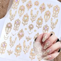 1pcs 5D Embossed Gold Pink Diamond Necklace Nail Stickers Vintage Baroque Scepter Nail Decals Self-Adhesive Nails Art Decoration