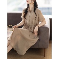 Ladies Cotton Linen Dress High Waist Short Sleeve A-Line Midi Skirt Korean Style Button Detailing Casual Wear Summer New