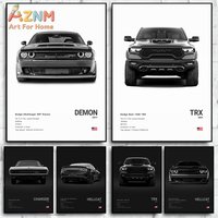 AZNM Dodge Challenger SRT Demon & Ram 1500 TRX Black and White Wall Art Print, Single Unframed Canvas Poster, Minimalist America