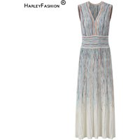 2026 Lady New Arrival Fashion Designed Colorblock Vertical Striped Summer V-neck Sleeveless Knits A-line Long Dress