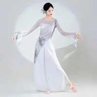 Traditional Chinese Dance Costume Gray Sheer Gradient Top White Culottes Improved Modern Hanfu Classical Dance Costumes