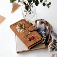 Cherry Leopard Bow Flower Women Long Zipper Wallet Buckle Handbags Coin Purse Soft PU Multi-Card Holder Large Capacity Bag