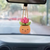 Crochet Cactus Fleshy Car Rear View Mirror Decorative Cactus Car Ornament Accessories Cute Potted Plant Succulent Hanging Pendan